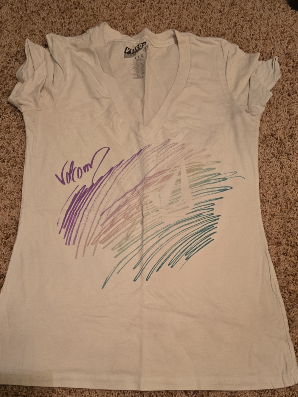 Volcom White V-Neck Tee with Multicolor Scribble Graphic